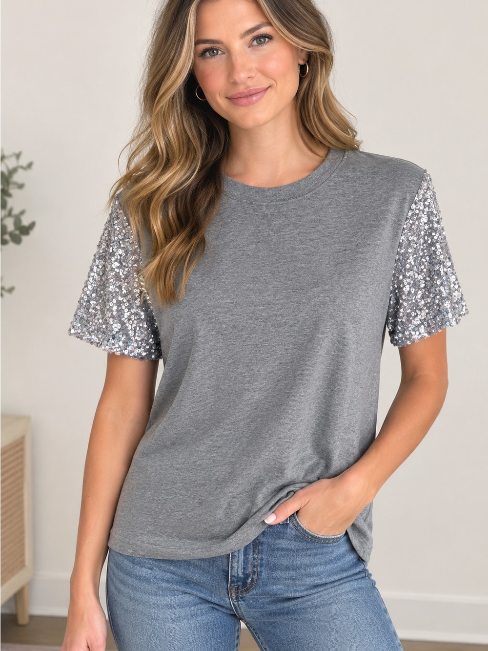Rebecca Minkoff Gray Sequin Short Sleeve Tee Size Small NEW